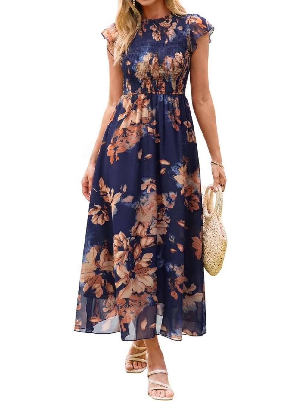 Women's Navy Blue Floral Ruffle Sleeve Chiffon Flowy Smocked Waist Maxi Dress